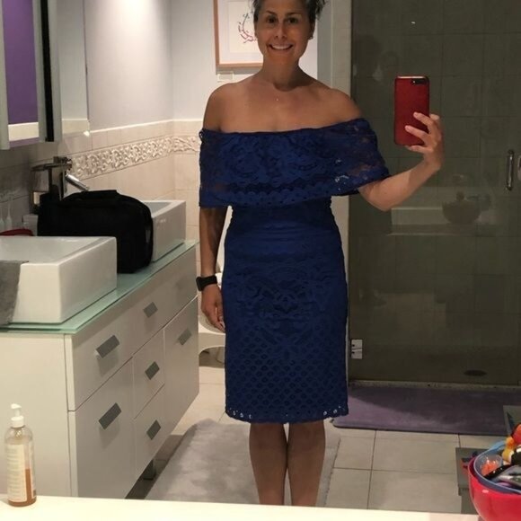 Sharagano Blue Off-Shoulder Cocktail Dress With Lace Design Size 4P - Picture 3 of 5